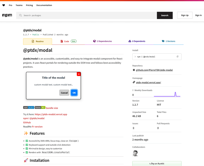 Capture d'écran du projet Modal